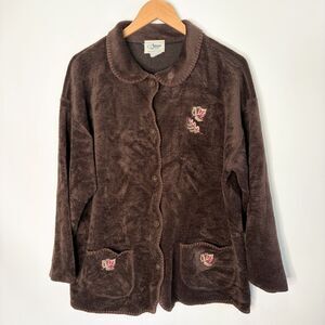 Vintage Artisans Sweatshirt Cardigan Fleece Embroidered Fall Leaf Brown L / XL